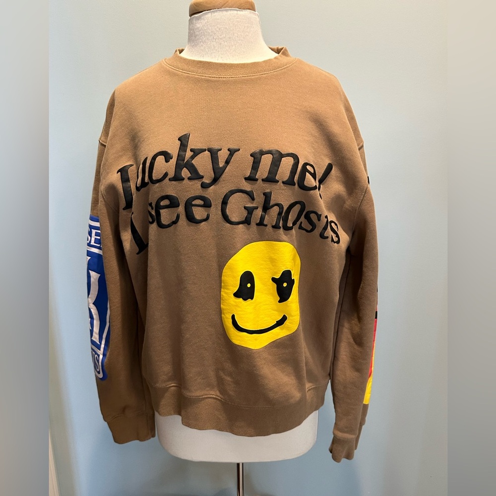 Yeezy Brown Crewneck Sweatshirt with Yellow Smiley Graphic